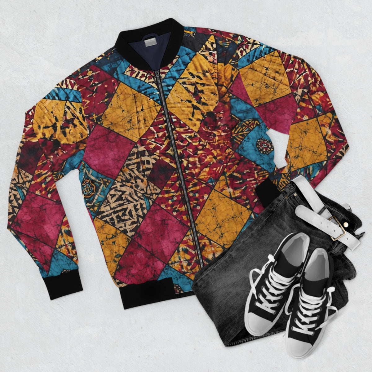 Àkísà Ọba Ankara Unisex Bomber Jacket – Diamond Patchwork DTF Print
