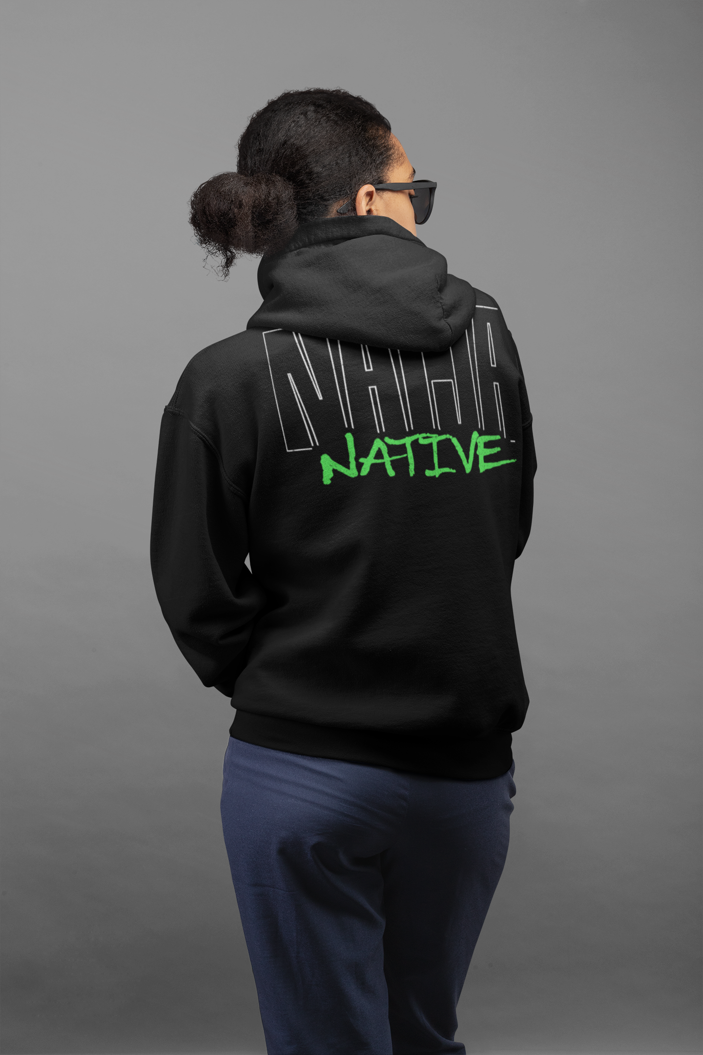 Black Native Graphic Hoodie — Black Pullover with Neon Green "NATIVE" Back Design