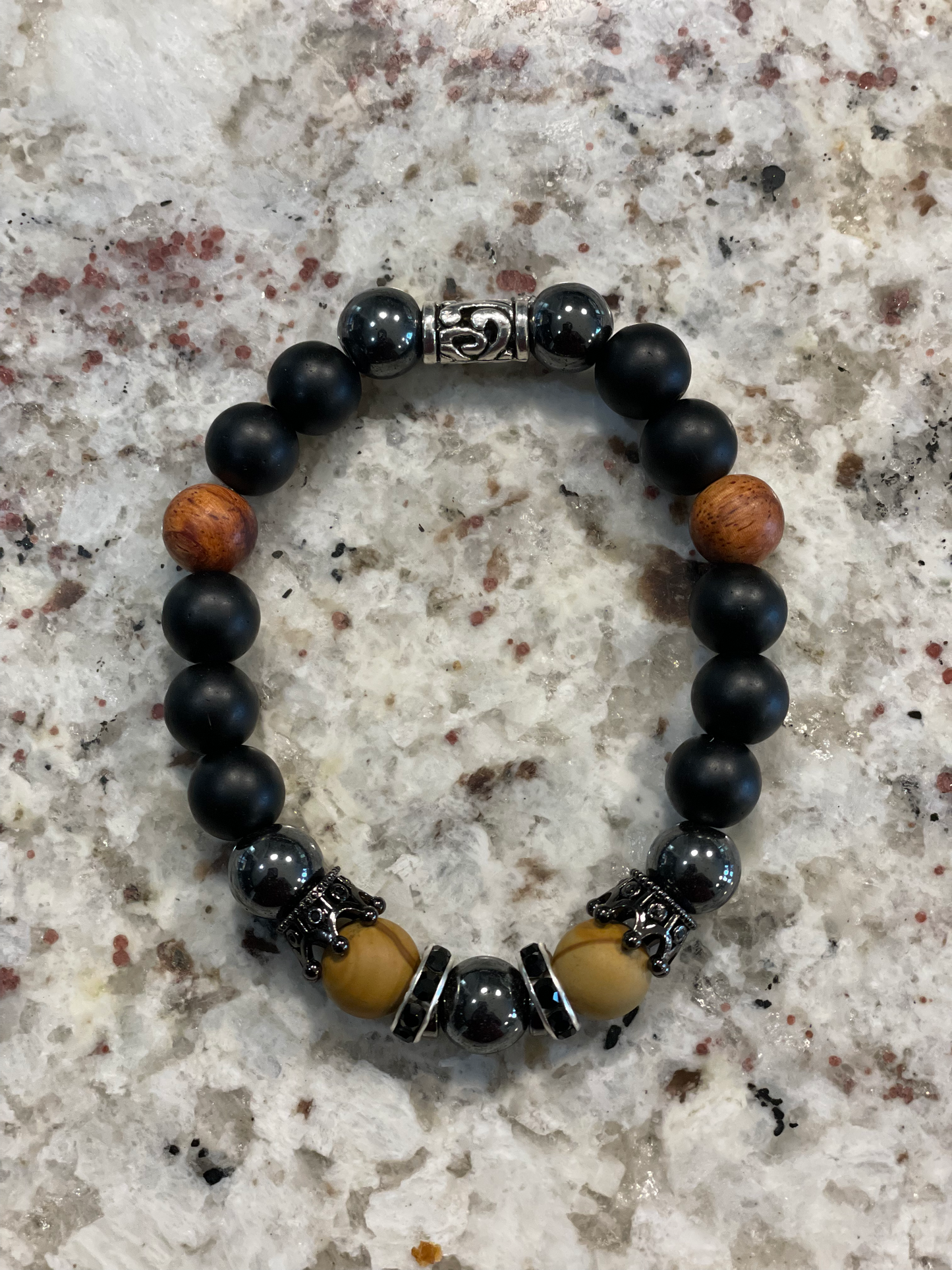 10mm Charm Beads Bracelet Men And Women Onyx Natural Stone Hematite beads and short Crown Charms