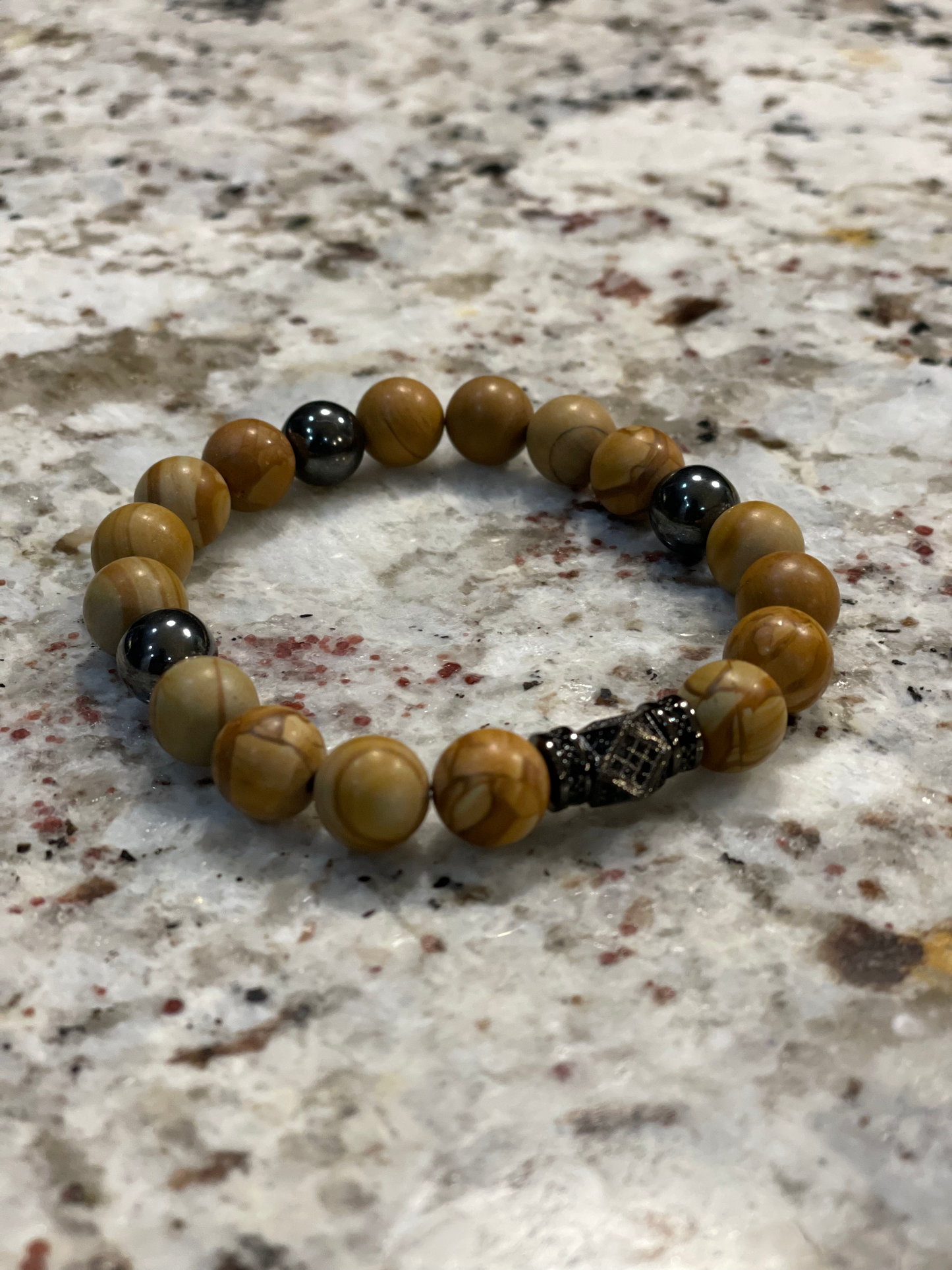 10mm Charm Beads Bracelet Made Of Natural Woodgrain Jasper Stones For Men And Women