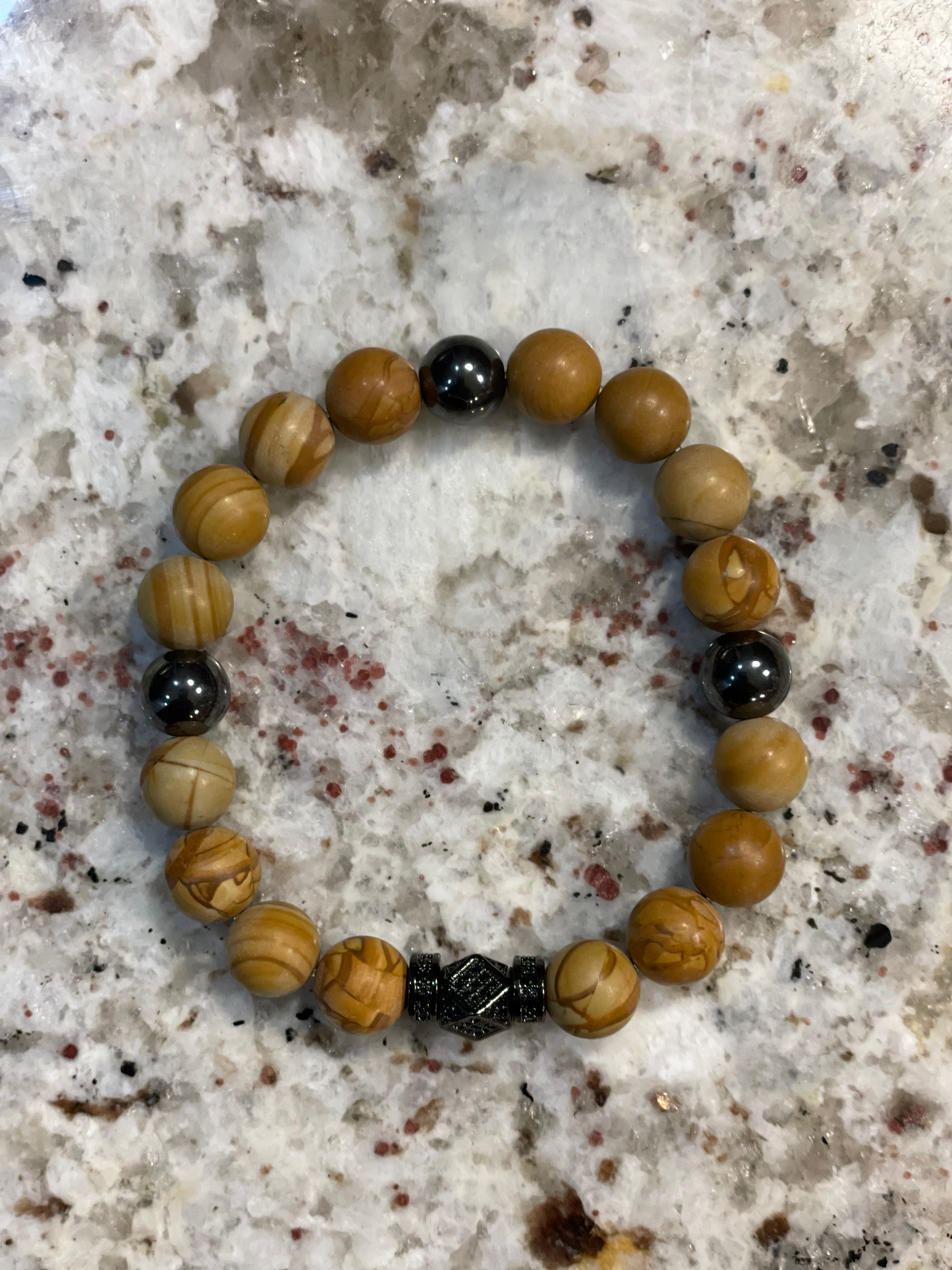 10mm Charm Beads Bracelet Made Of Natural Woodgrain Jasper Stones For Men And Women
