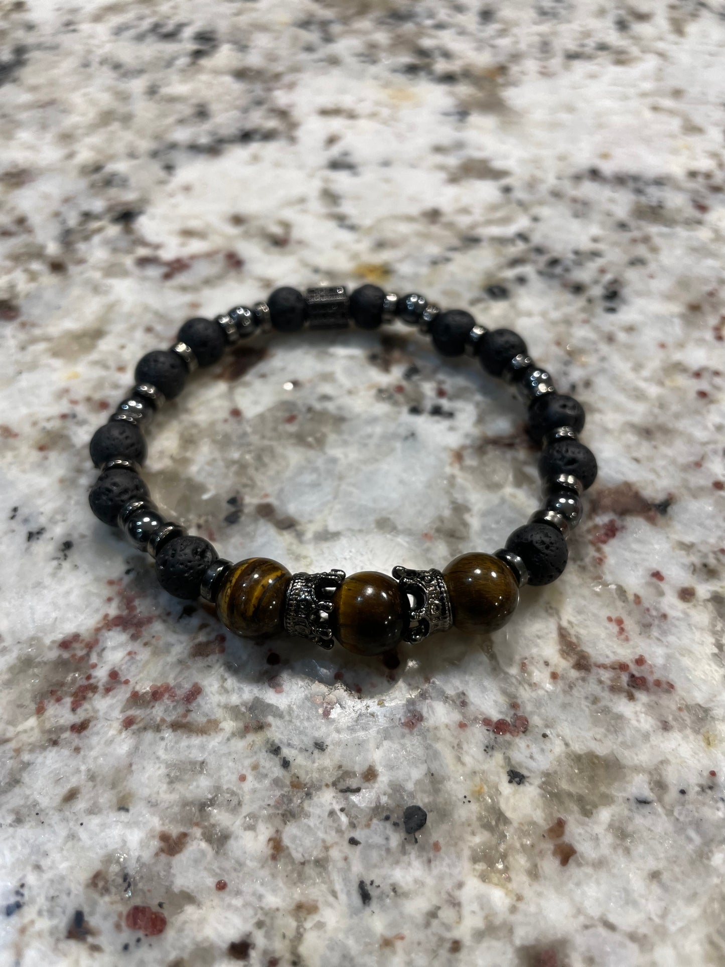 10mm Yellow Tiger Eye and 8mm black lava Gemstones Bracelet
