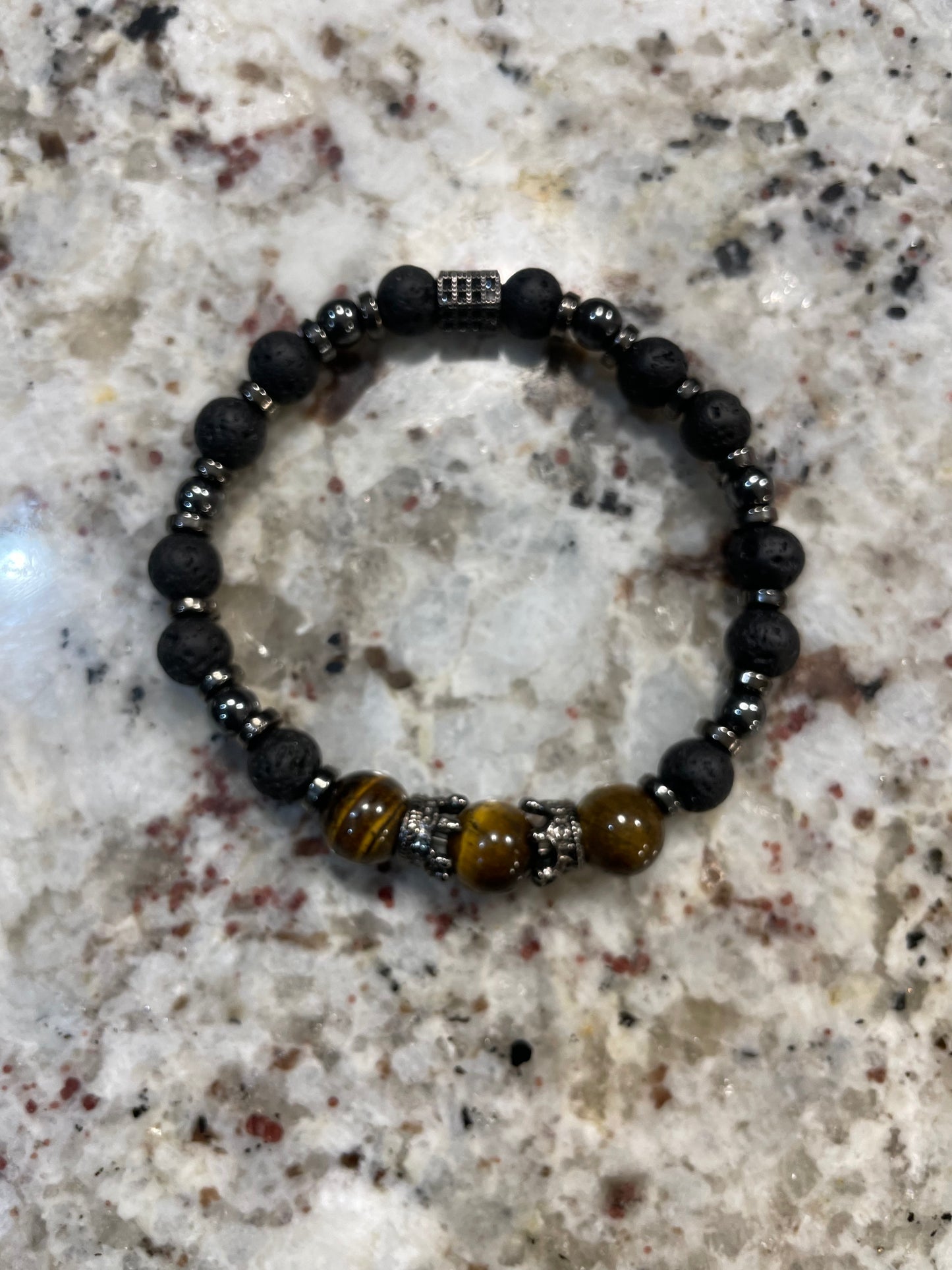 10mm Yellow Tiger Eye and 8mm black lava Gemstones Bracelet