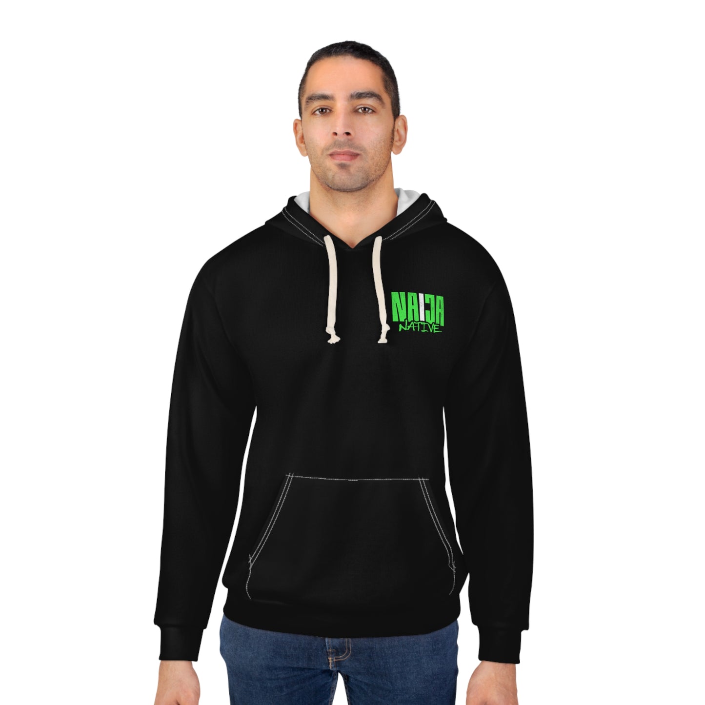 Black Native Graphic Hoodie — Black Pullover with Neon Green "NATIVE" Back Design