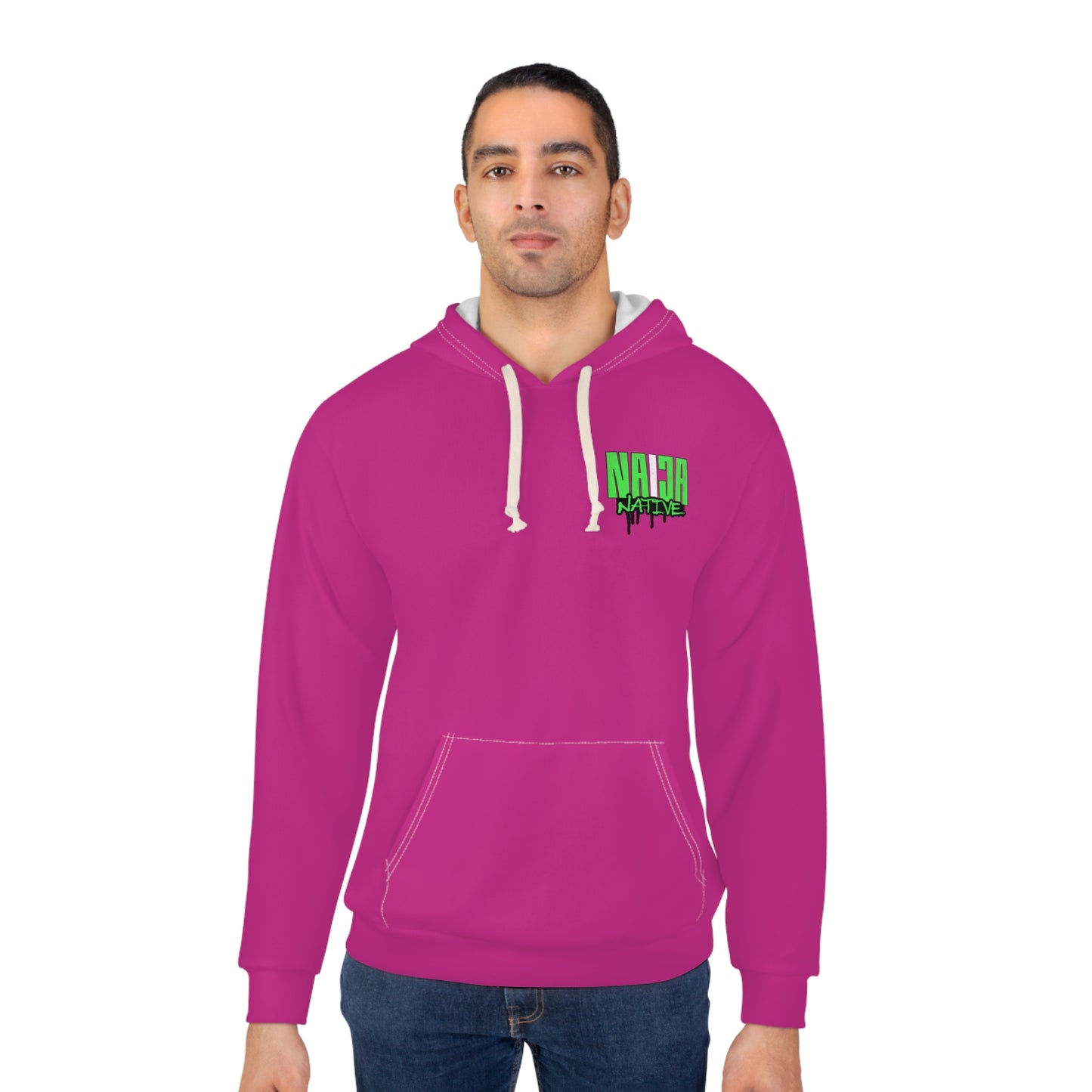 Dark Pink Native Graphic Hoodie — Pullover with Neon Green "NATIVE" Back Design