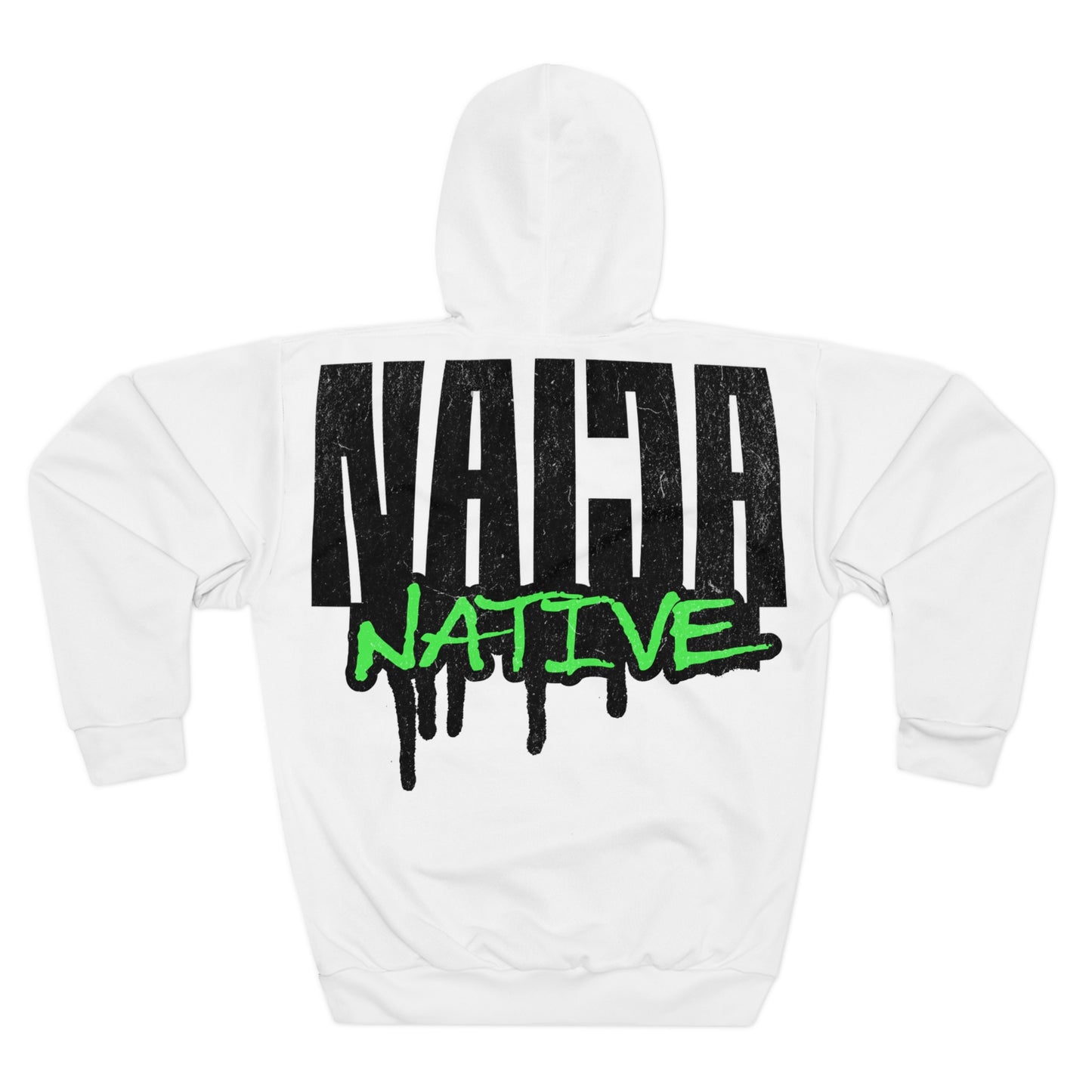 White Native Graphic Hoodie — White Pullover with Neon Green "NATIVE" Back Design