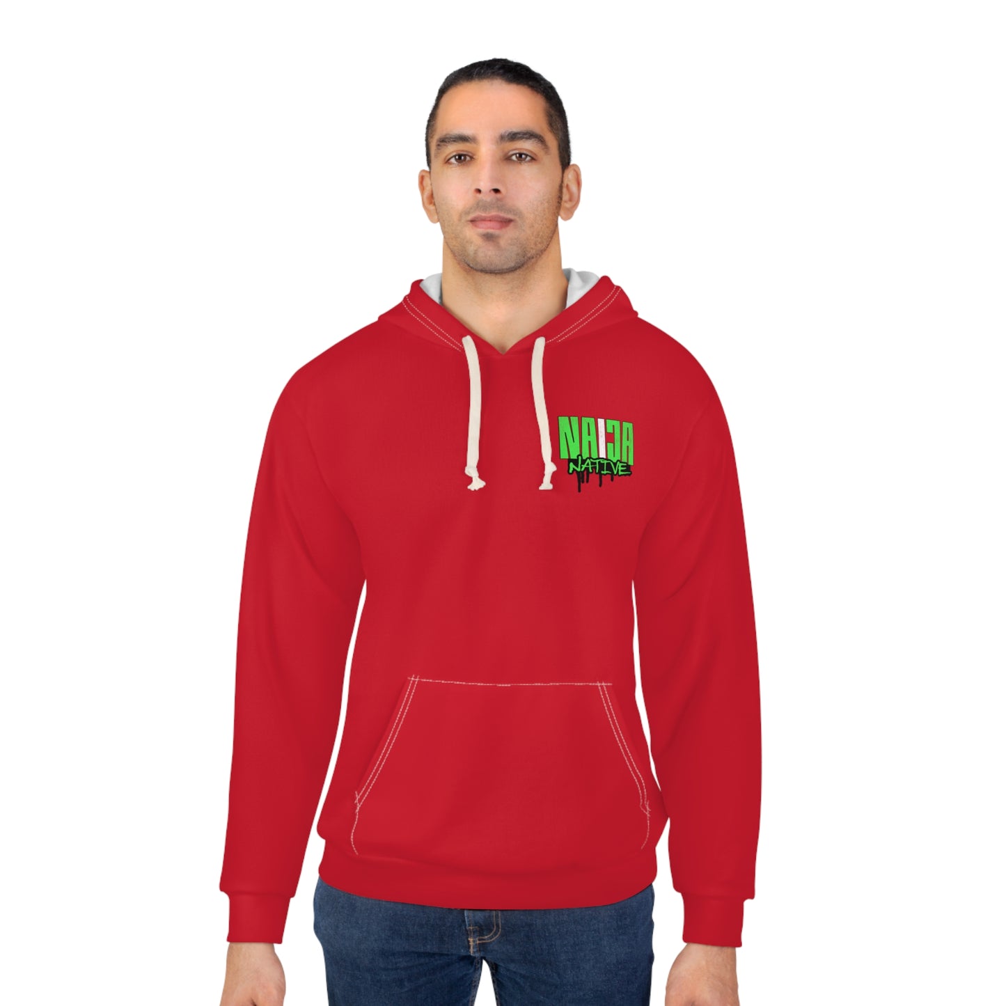 Native Graphic Hoodie — Red Pullover with Neon Green "NATIVE" Back Design