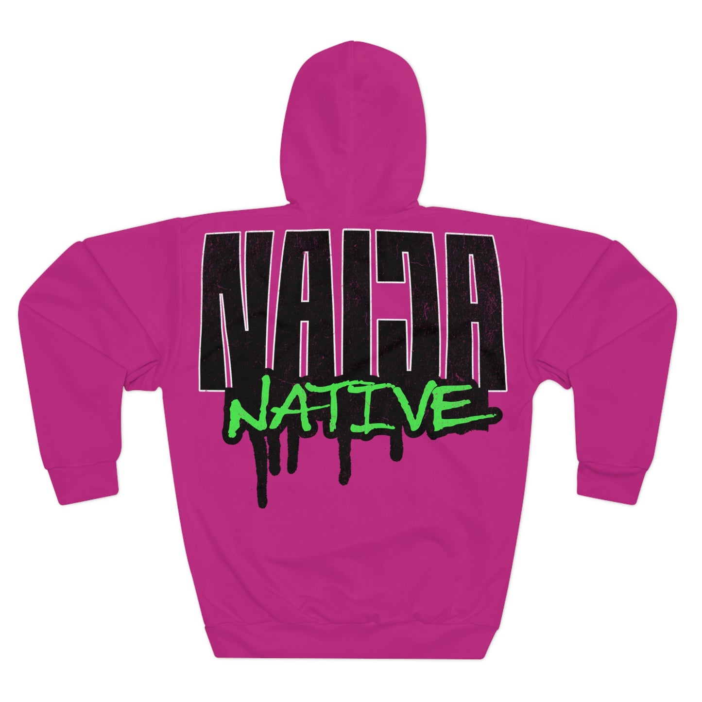 Dark Pink Native Graphic Hoodie — Pullover with Neon Green "NATIVE" Back Design