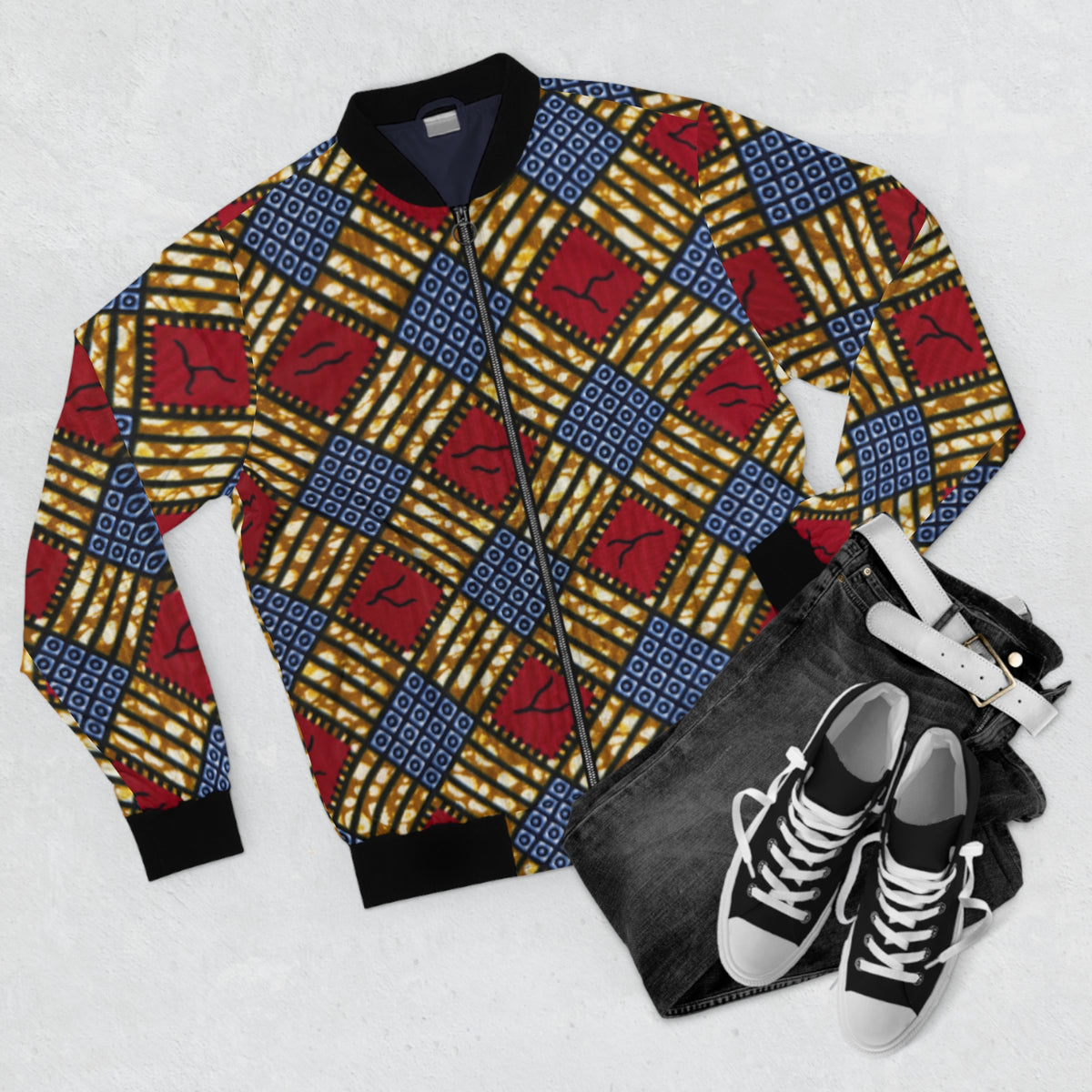Àtẹ̀gùn Ọrọ̀ Ankara Geometric Unisex Bomber Jacket (All-Over Print)