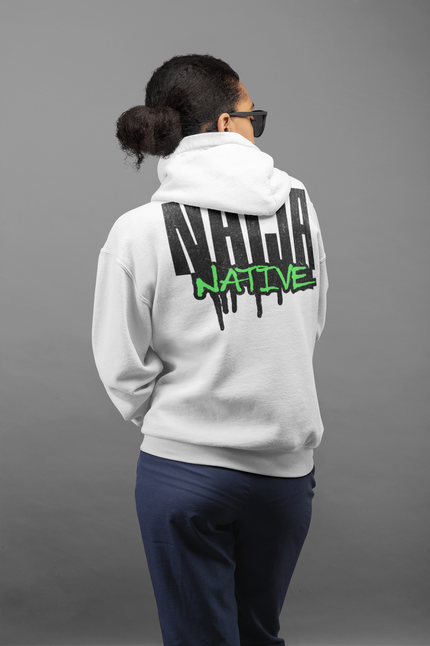 White Native Graphic Hoodie — White Pullover with Neon Green "NATIVE" Back Design