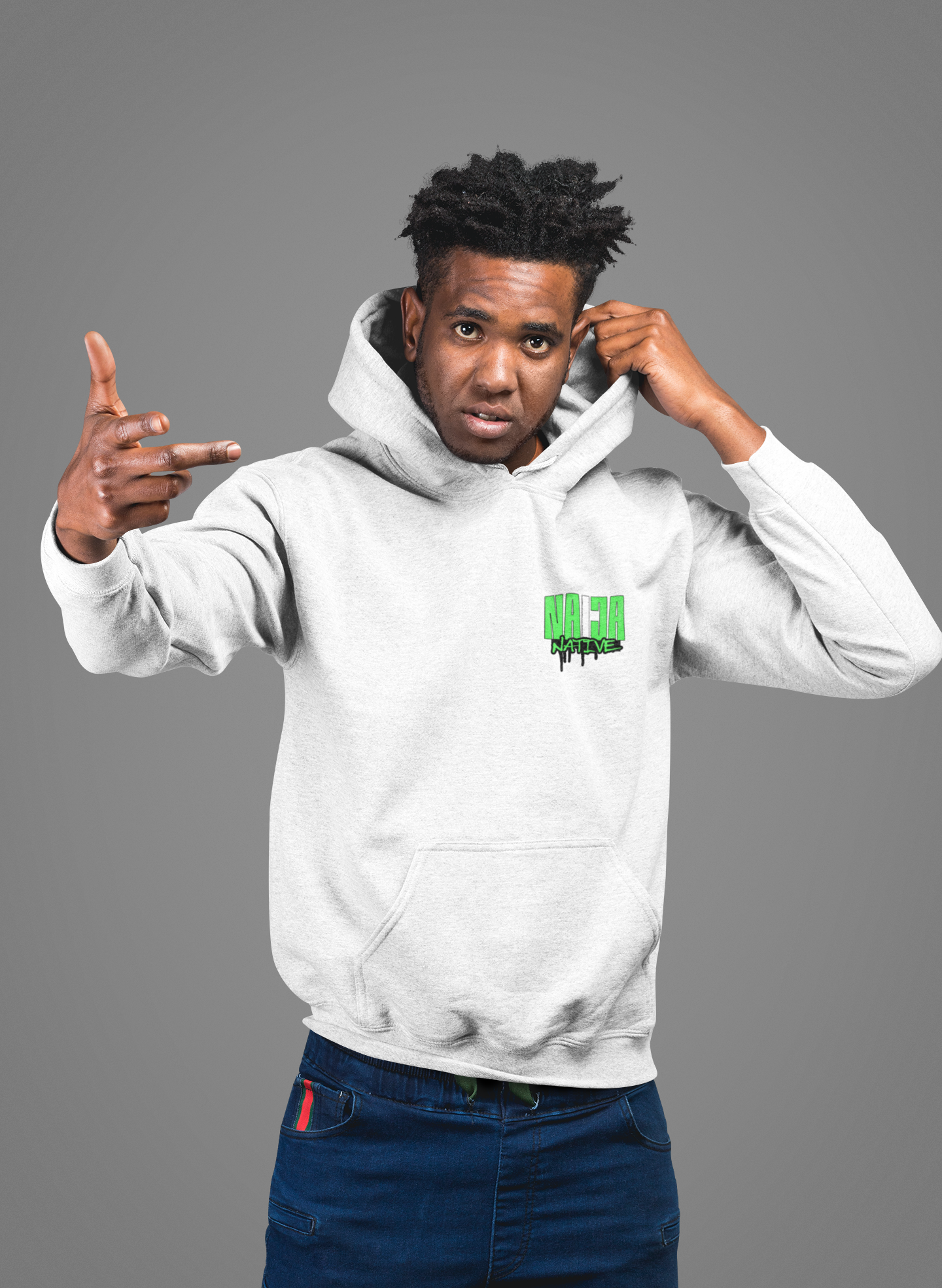 White Native Graphic Hoodie — White Pullover with Neon Green "NATIVE" Back Design