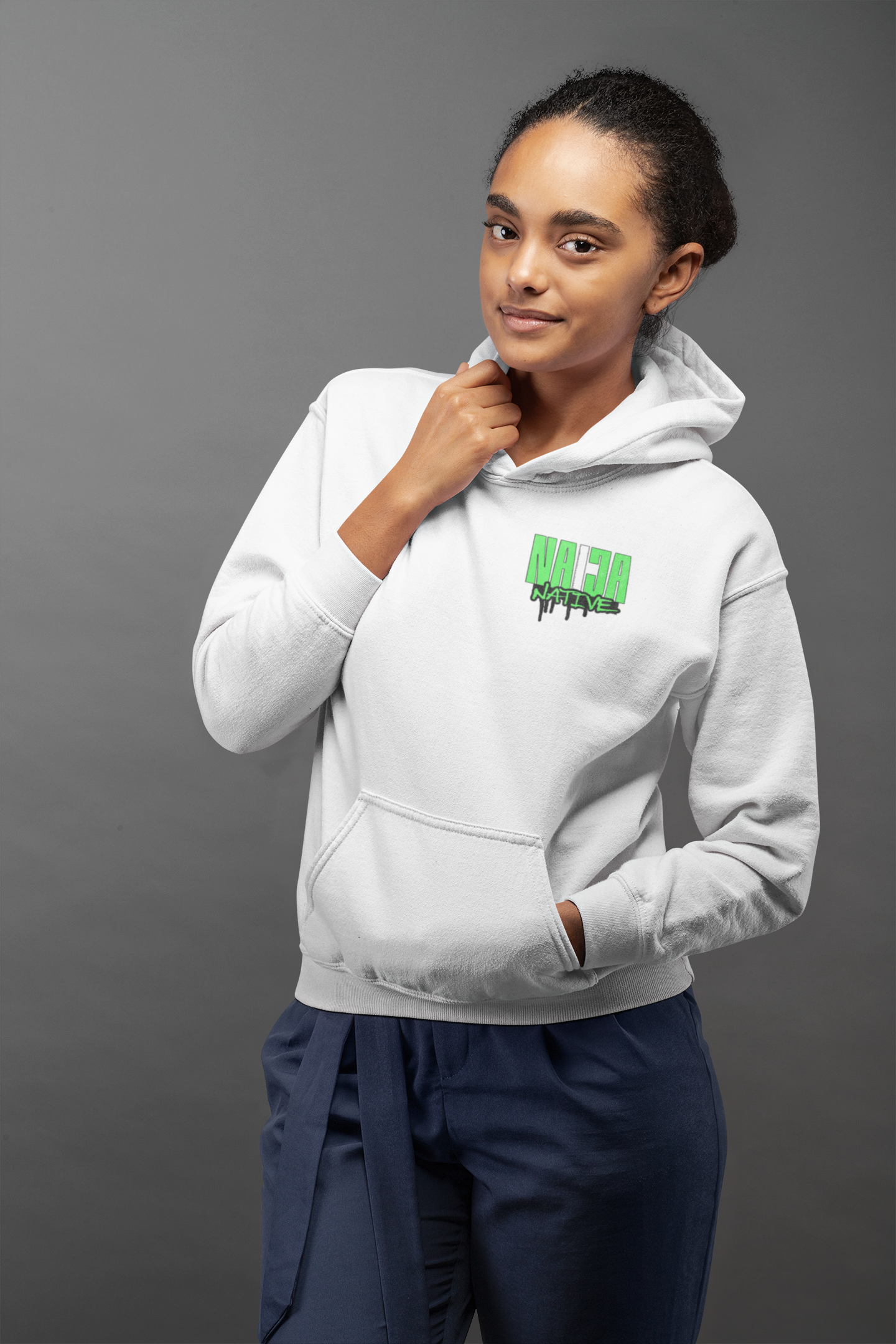 White Native Graphic Hoodie — White Pullover with Neon Green "NATIVE" Back Design