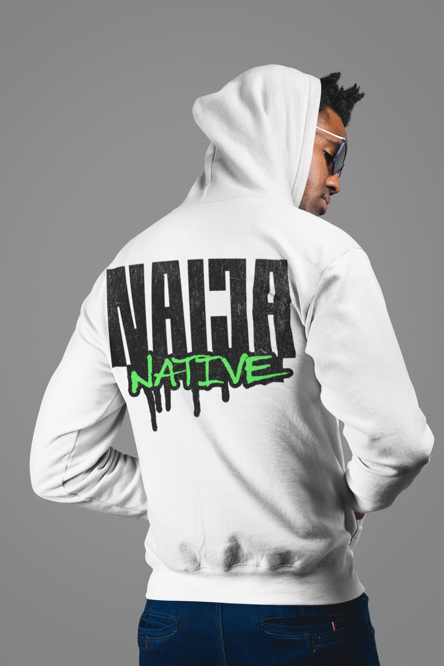 White Native Graphic Hoodie — White Pullover with Neon Green "NATIVE" Back Design
