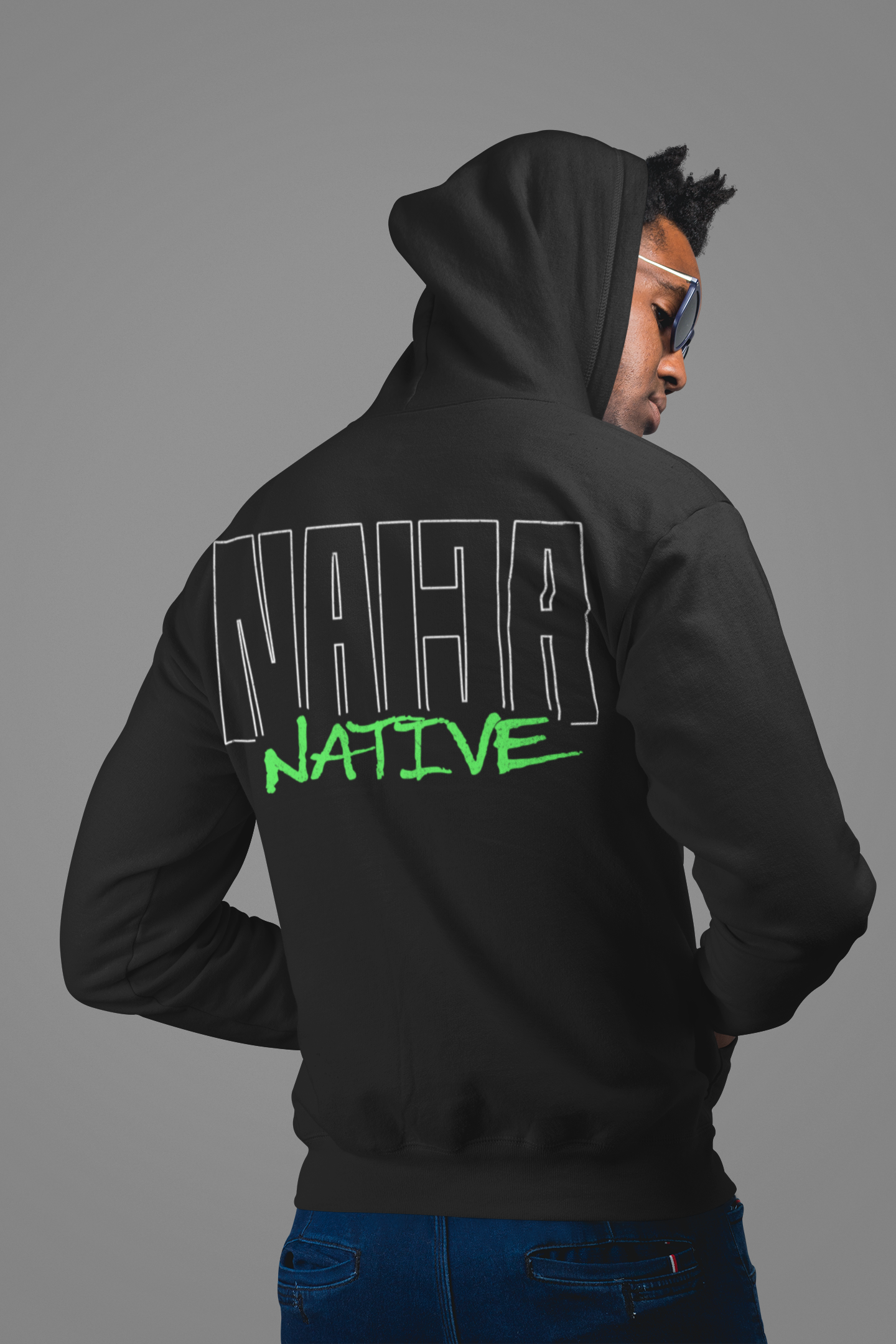Black Native Graphic Hoodie — Black Pullover with Neon Green "NATIVE" Back Design