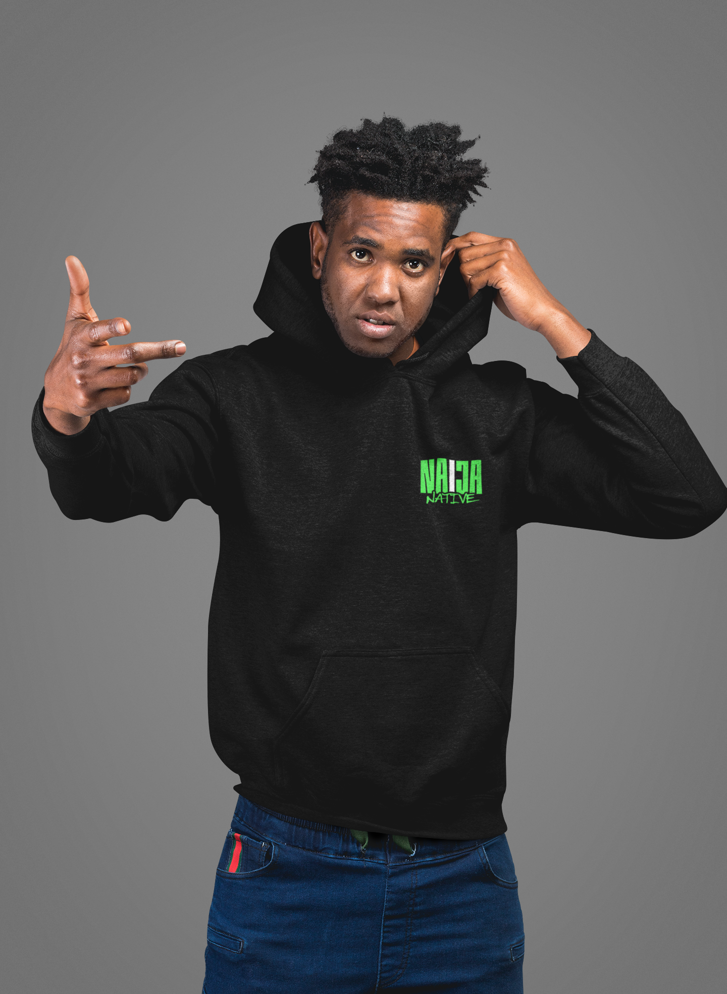 Black Native Graphic Hoodie — Black Pullover with Neon Green "NATIVE" Back Design