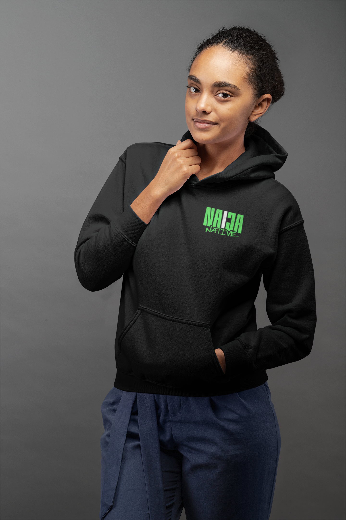 Black Native Graphic Hoodie — Black Pullover with Neon Green "NATIVE" Back Design