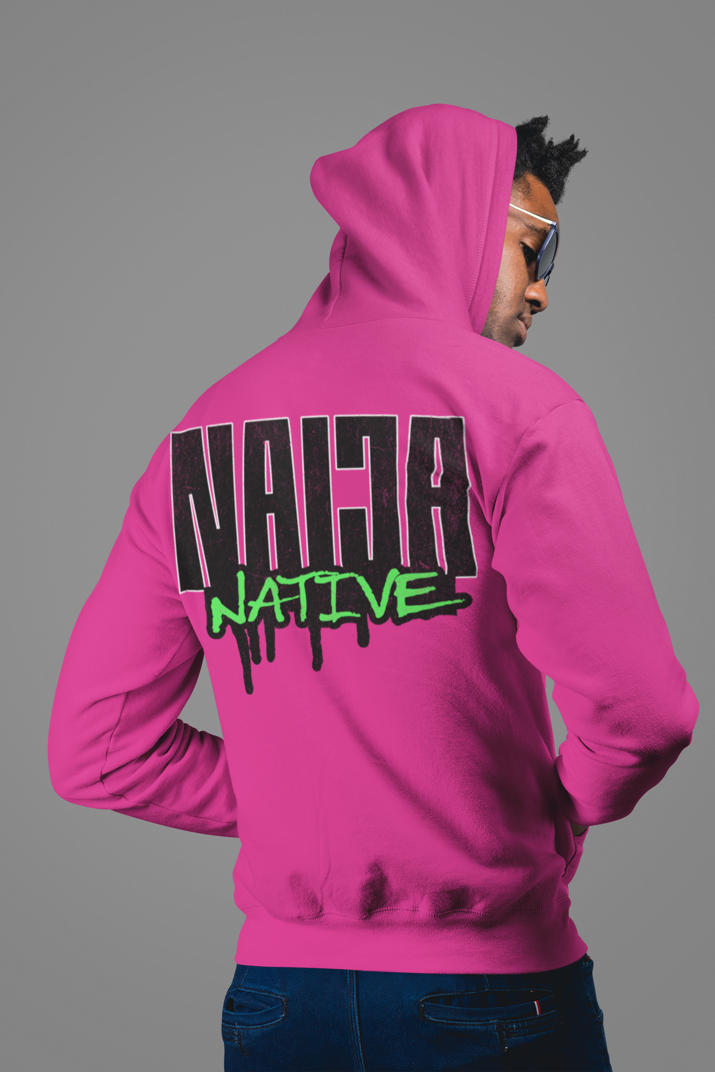 Dark Pink Native Graphic Hoodie — Pullover with Neon Green "NATIVE" Back Design