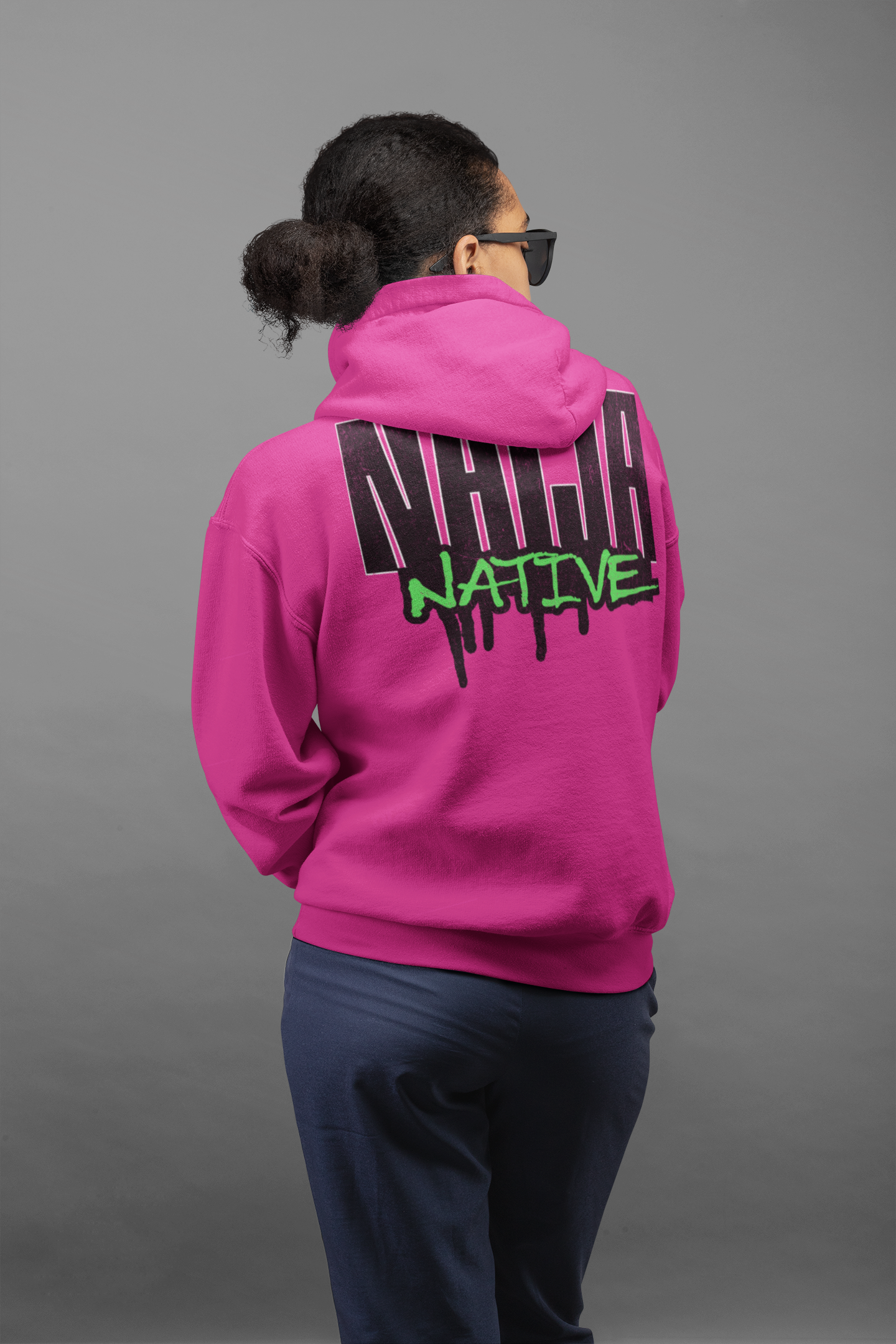 Dark Pink Native Graphic Hoodie — Pullover with Neon Green "NATIVE" Back Design