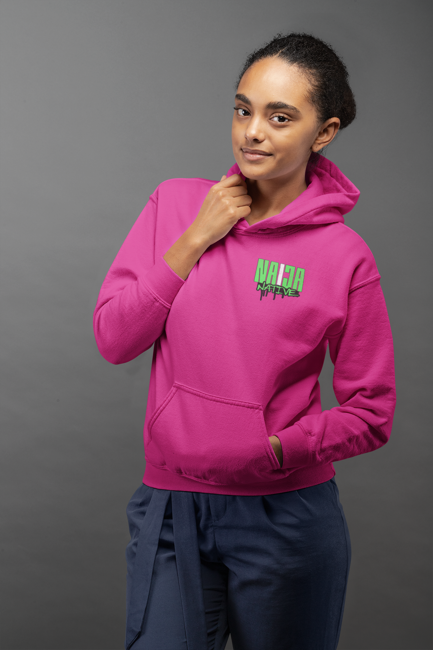 Dark Pink Native Graphic Hoodie — Pullover with Neon Green "NATIVE" Back Design