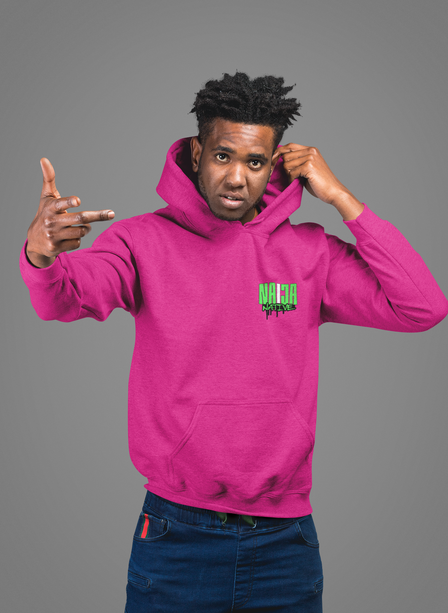 Dark Pink Native Graphic Hoodie — Pullover with Neon Green "NATIVE" Back Design