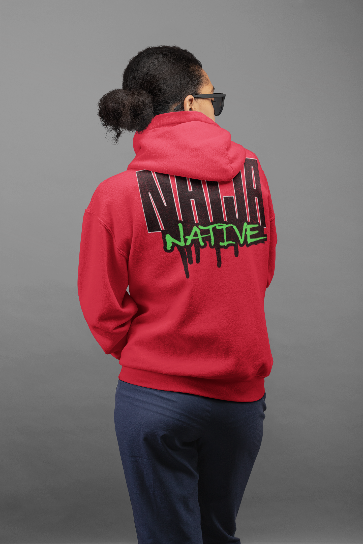 Native Graphic Hoodie — Red Pullover with Neon Green "NATIVE" Back Design