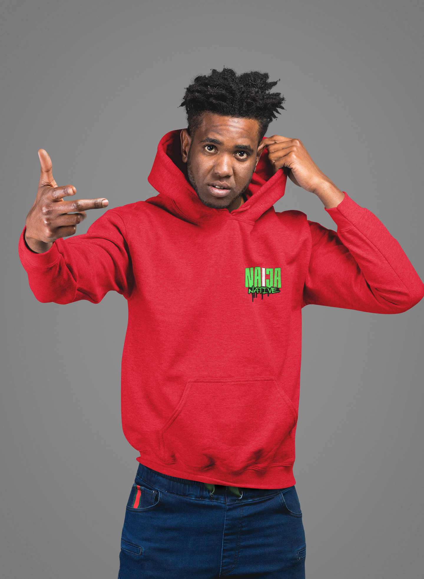 Native Graphic Hoodie — Red Pullover with Neon Green "NATIVE" Back Design