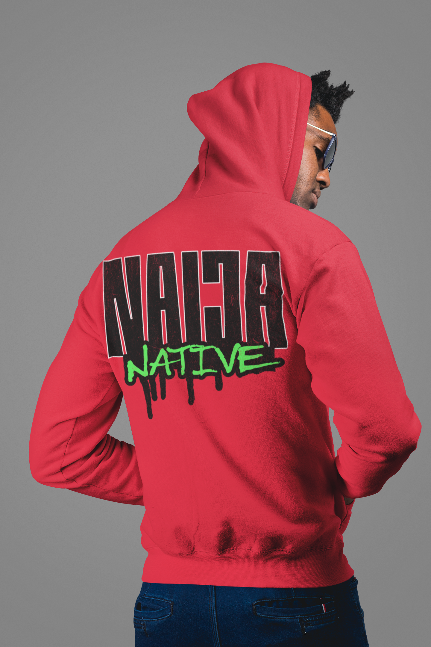 Native Graphic Hoodie — Red Pullover with Neon Green "NATIVE" Back Design
