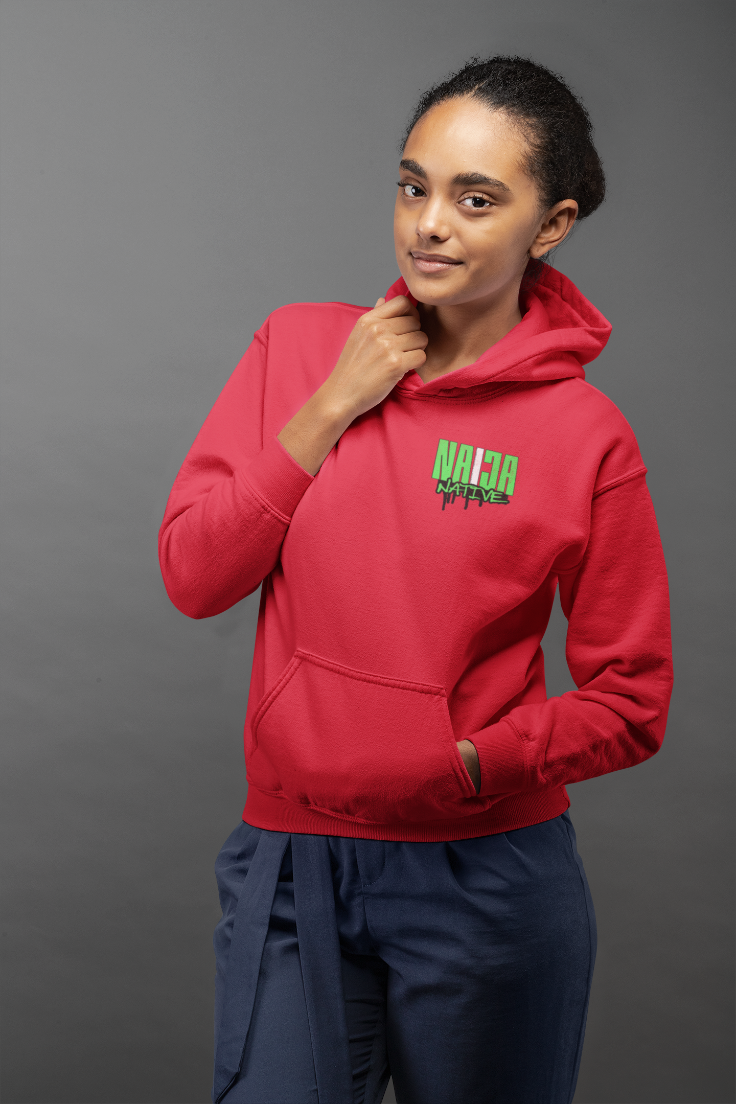 Native Graphic Hoodie — Red Pullover with Neon Green "NATIVE" Back Design