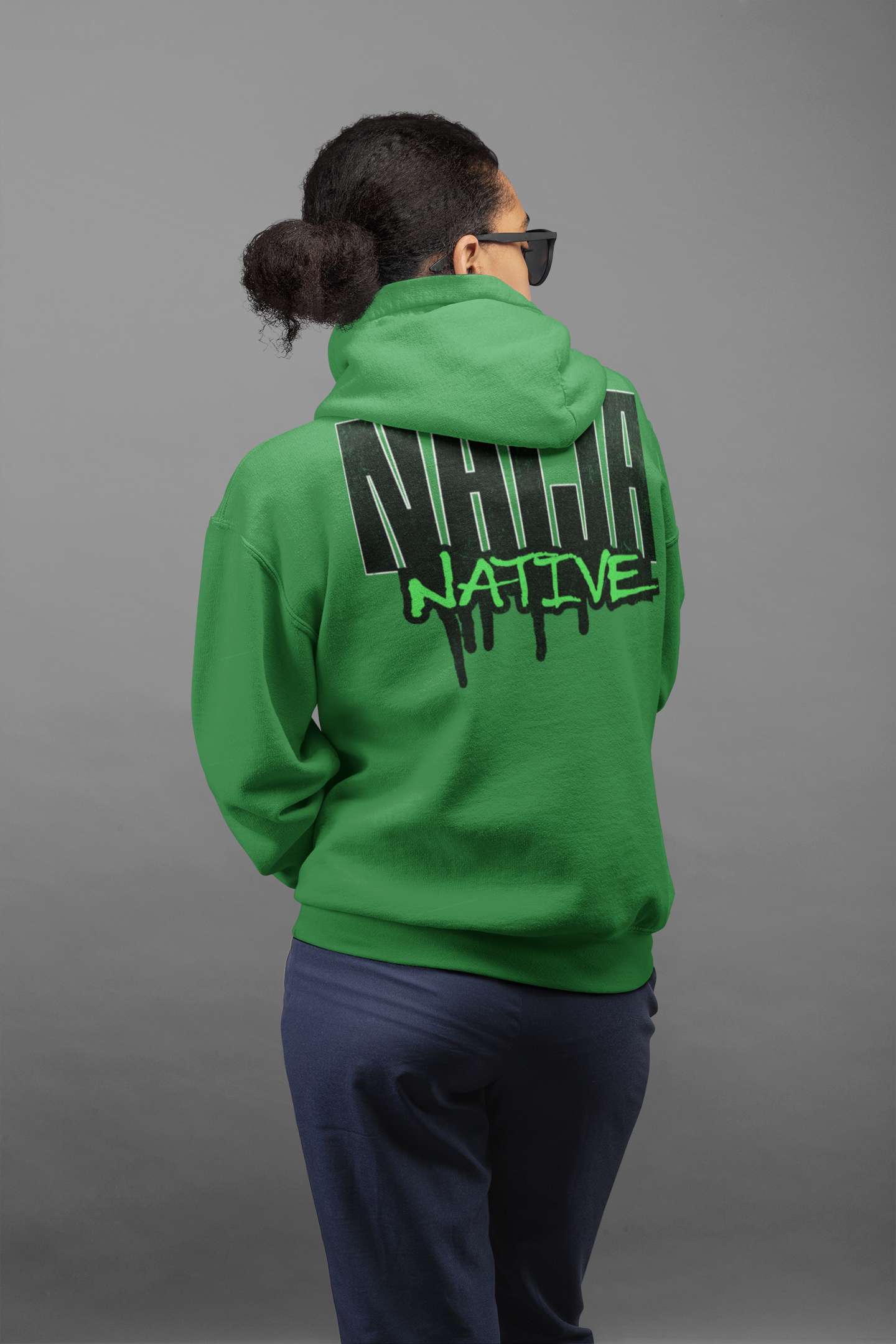 Green Native Graphic Hoodie — Green Pullover with Neon Green "NATIVE" Back Design