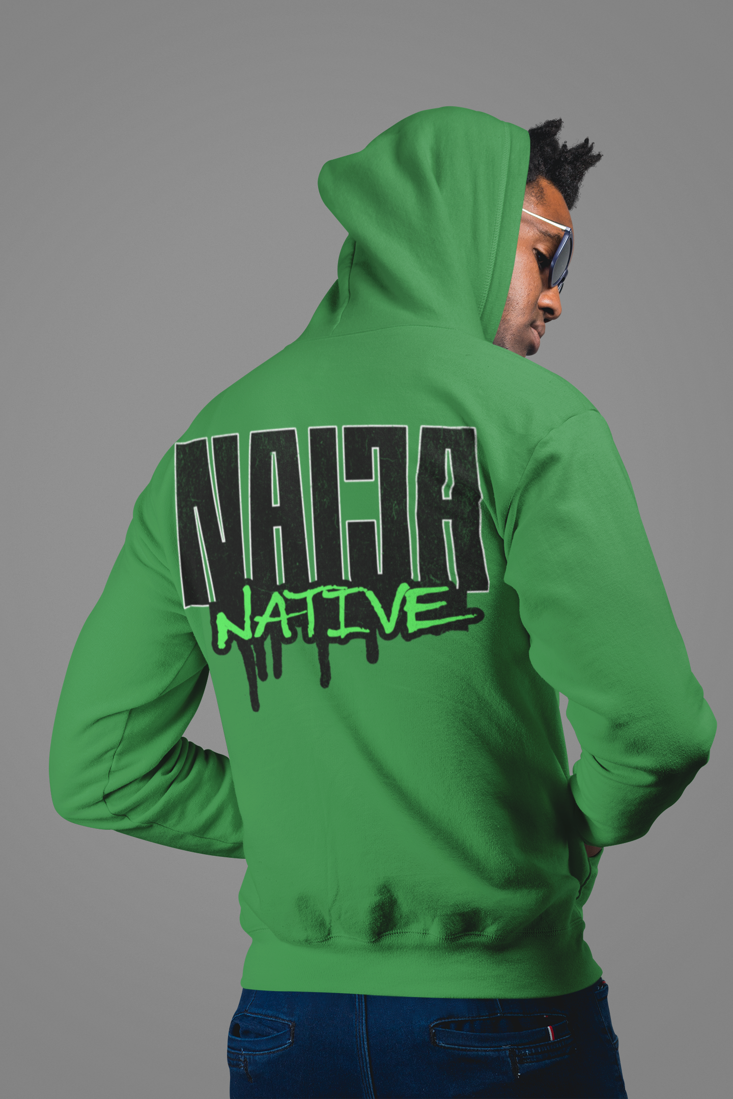 Green Native Graphic Hoodie — Green Pullover with Neon Green "NATIVE" Back Design