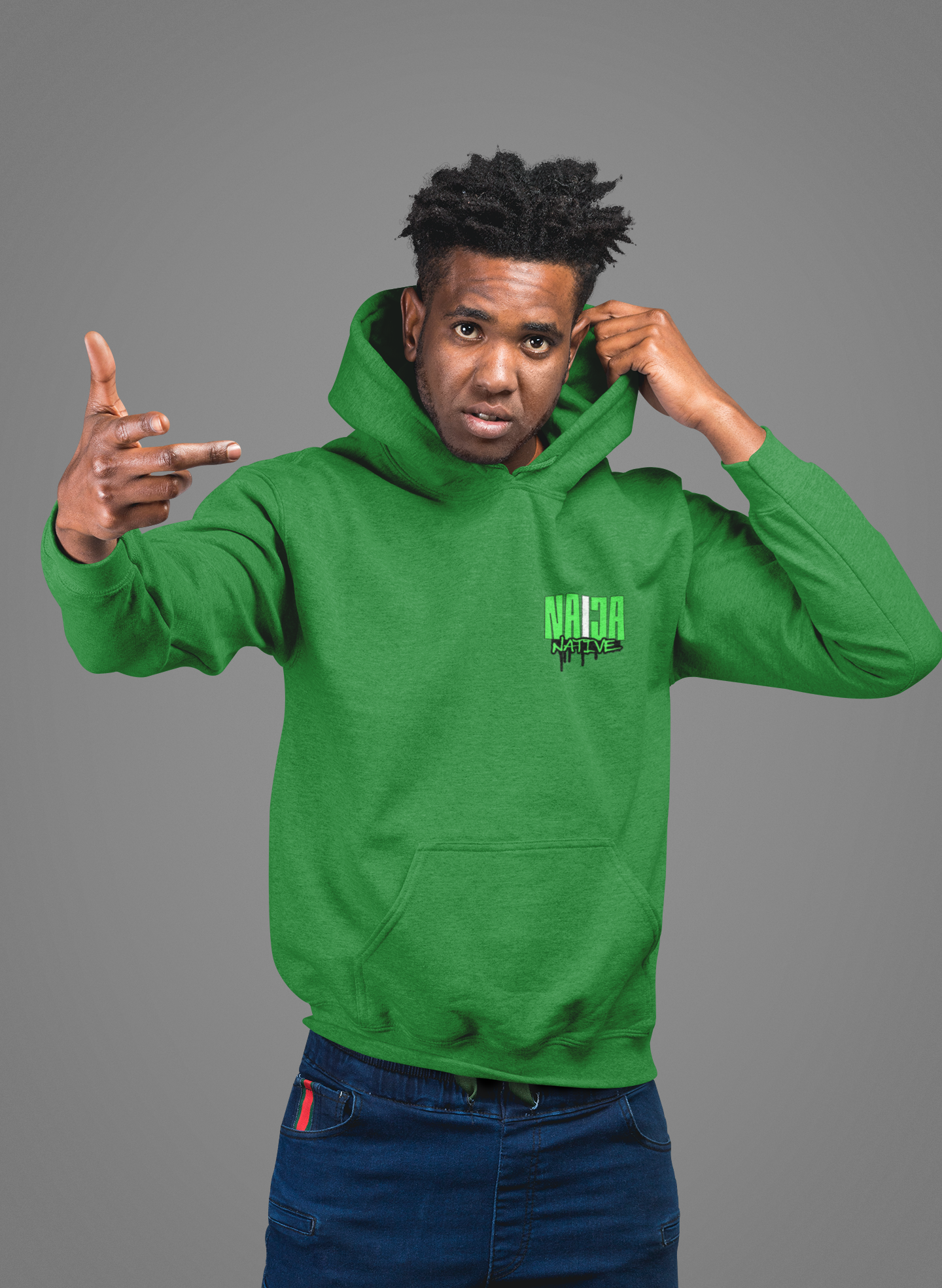 Green Native Graphic Hoodie — Green Pullover with Neon Green "NATIVE" Back Design