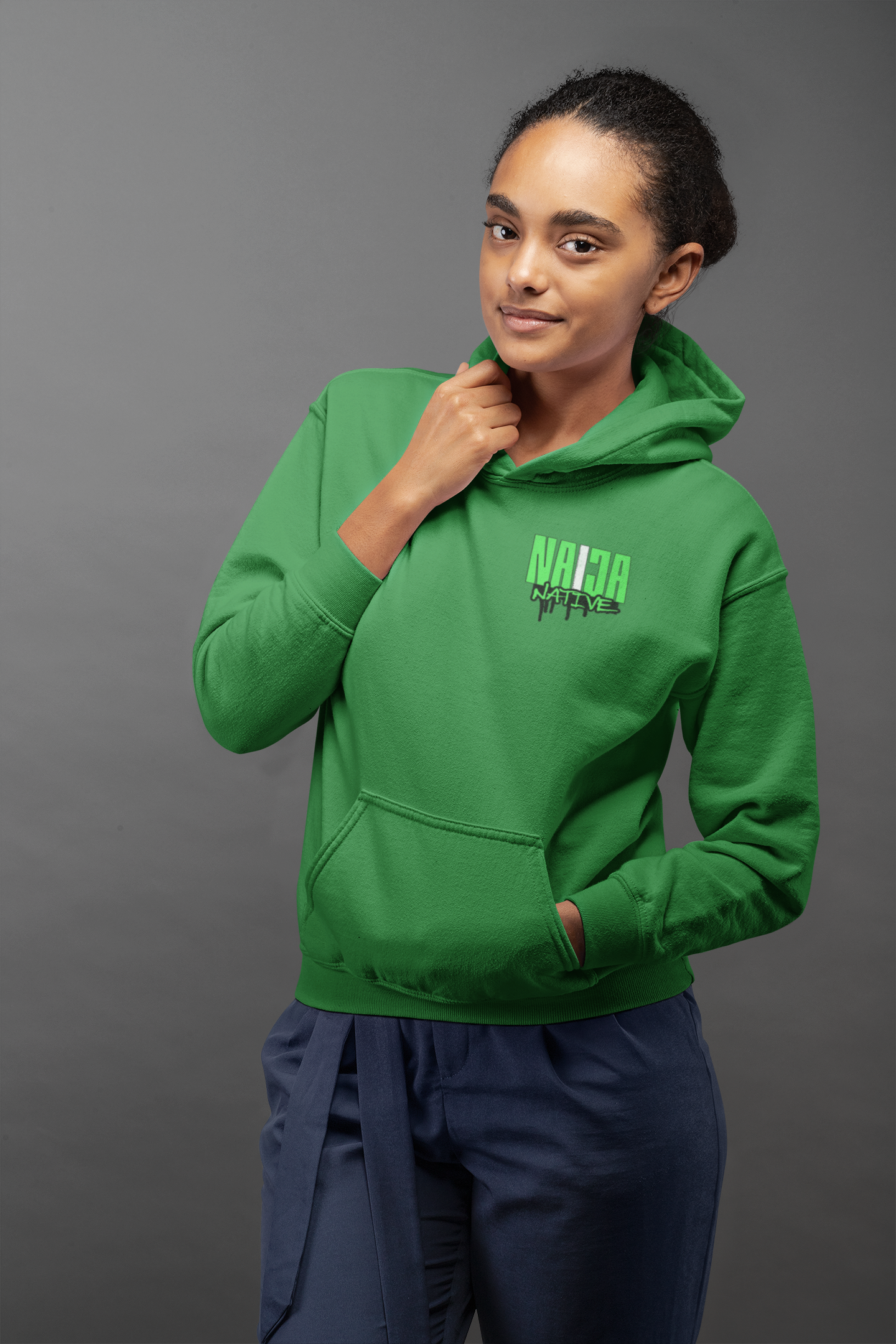 Green Native Graphic Hoodie — Green Pullover with Neon Green "NATIVE" Back Design