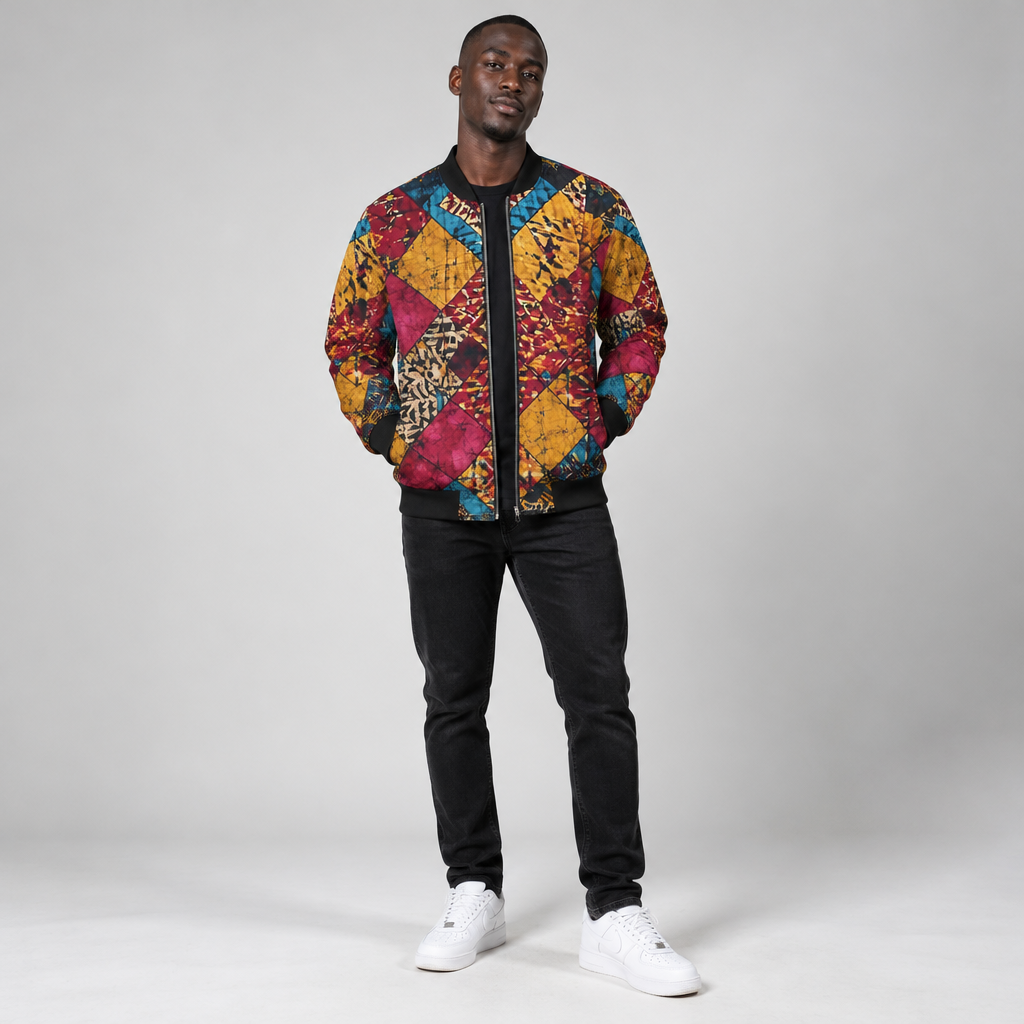 Àkísà Ọba Ankara Unisex Bomber Jacket – Diamond Patchwork DTF Print