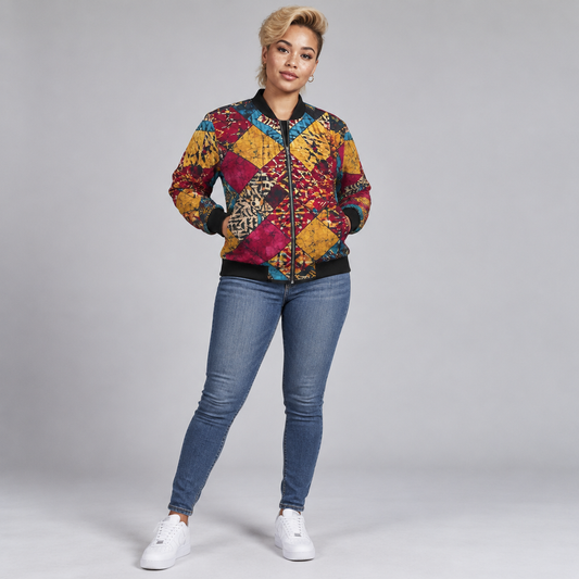 Àkísà Ọba Ankara Unisex Bomber Jacket – Diamond Patchwork DTF Print