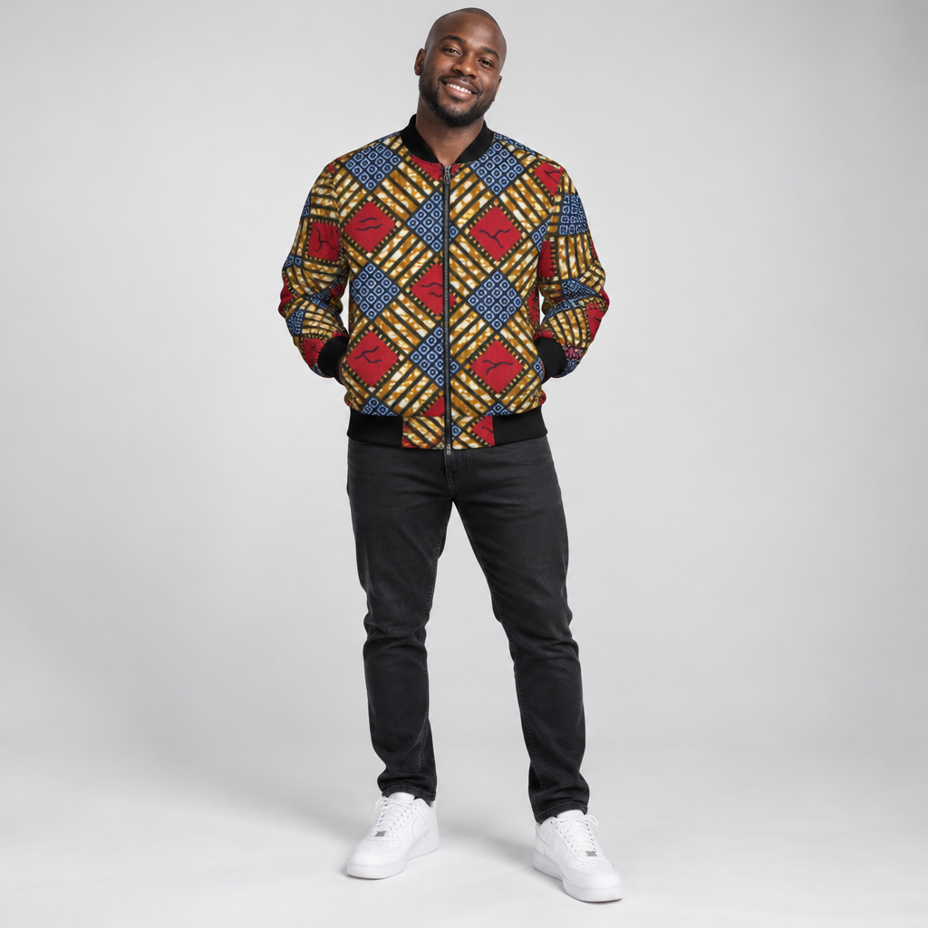 Àtẹ̀gùn Ọrọ̀ Ankara Geometric Unisex Bomber Jacket (All-Over Print)