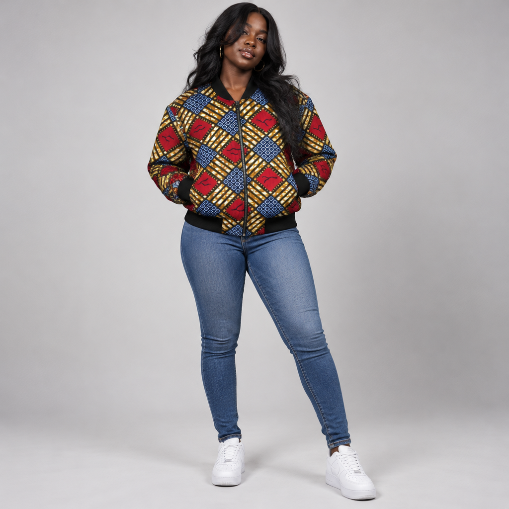 Àtẹ̀gùn Ọrọ̀ Ankara Geometric Unisex Bomber Jacket (All-Over Print)