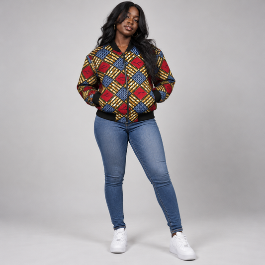 Àtẹ̀gùn Ọrọ̀ Ankara Geometric Unisex Bomber Jacket (All-Over Print)