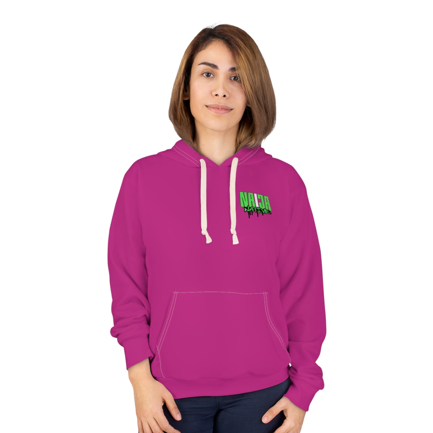 Dark Pink Native Graphic Hoodie — Pullover with Neon Green "NATIVE" Back Design