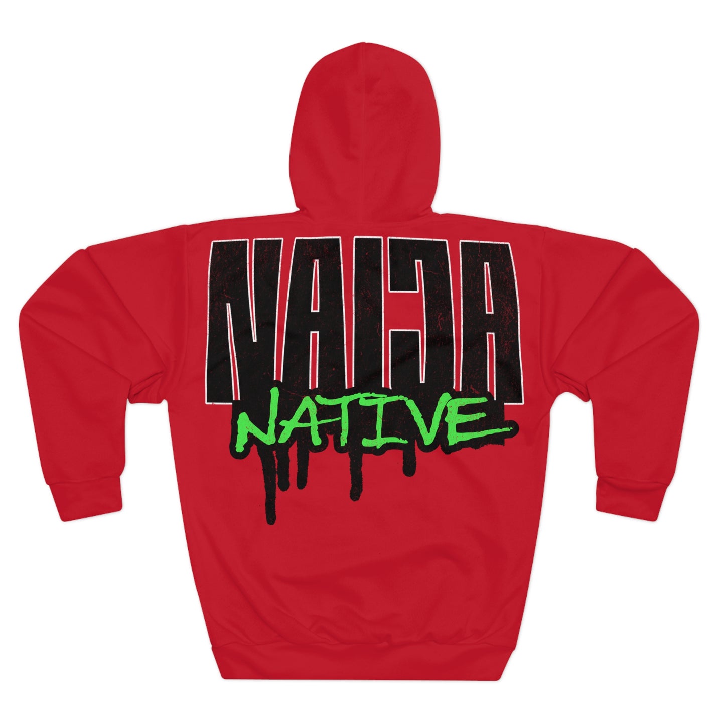 Native Graphic Hoodie — Red Pullover with Neon Green "NATIVE" Back Design