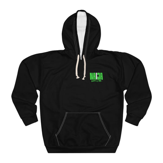 Black Native Graphic Hoodie — Black Pullover with Neon Green "NATIVE" Back Design