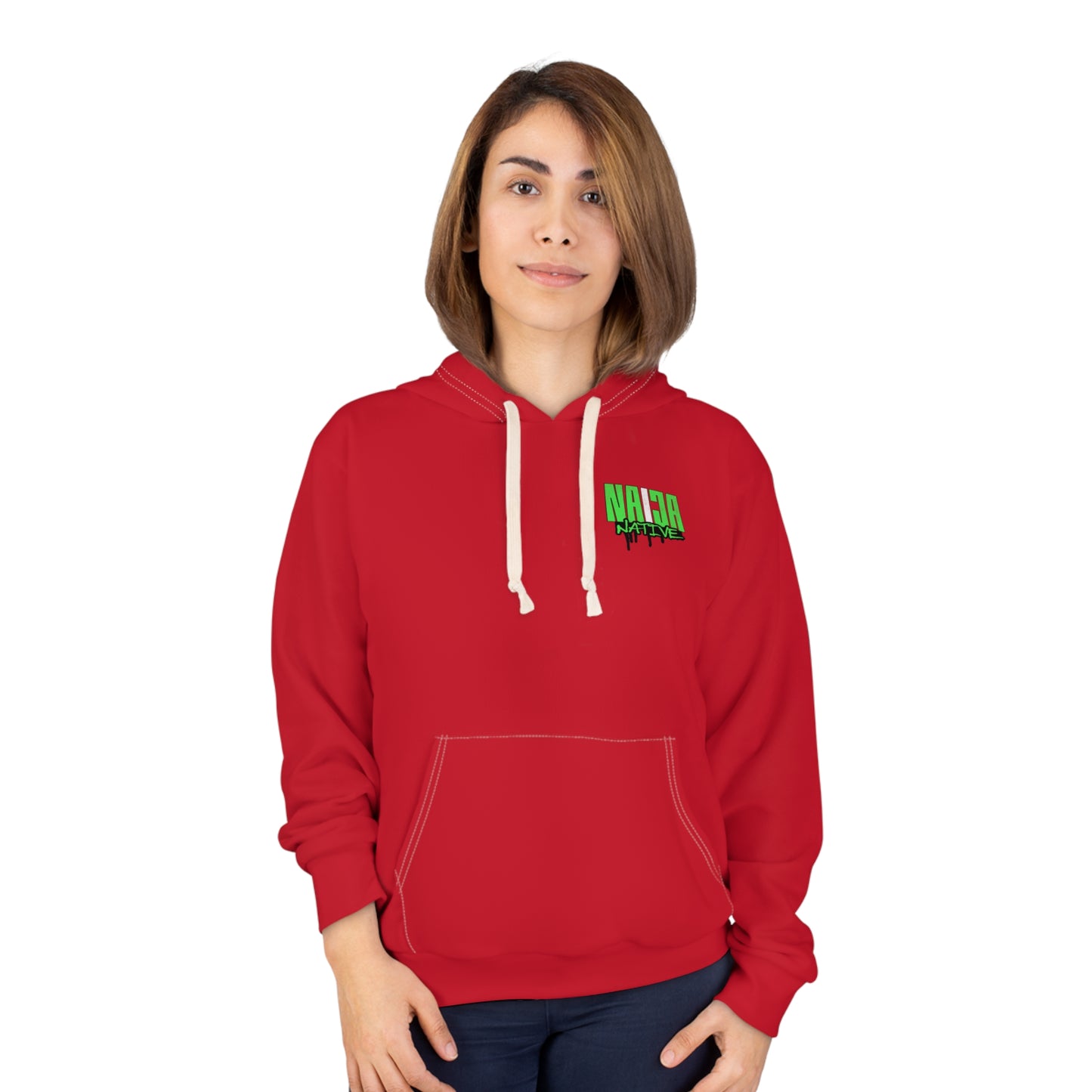 Native Graphic Hoodie — Red Pullover with Neon Green "NATIVE" Back Design