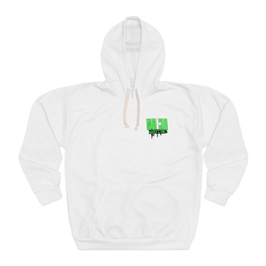 White Native Graphic Hoodie — White Pullover with Neon Green "NATIVE" Back Design