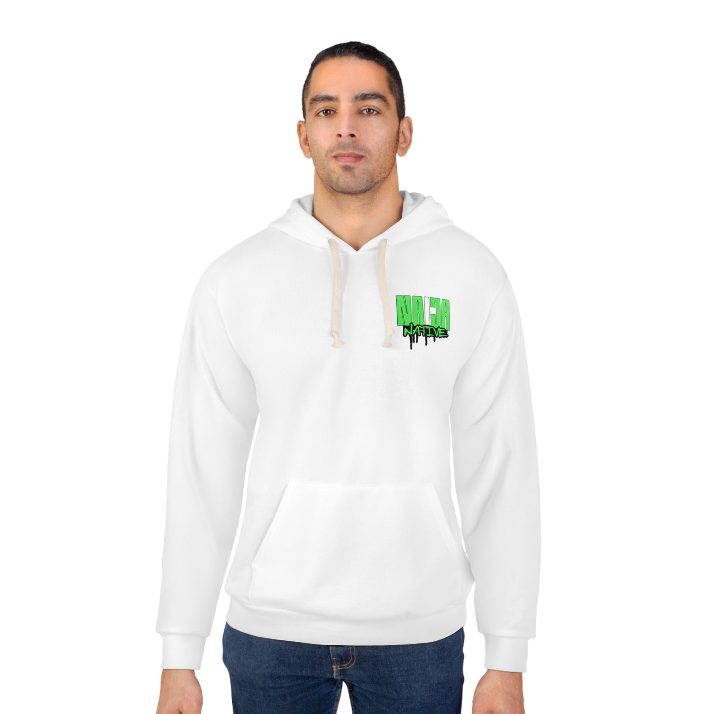 White Native Graphic Hoodie — White Pullover with Neon Green "NATIVE" Back Design