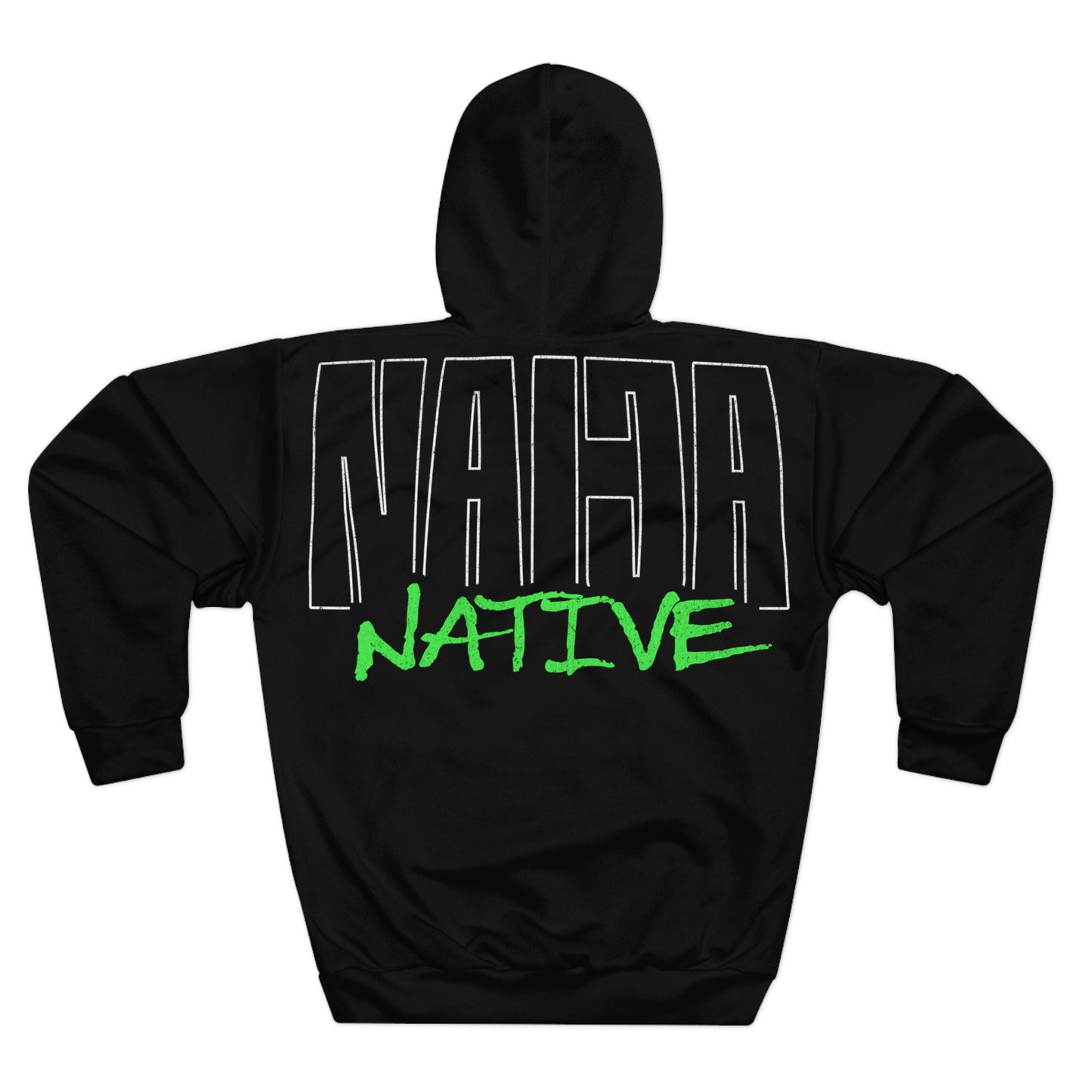 Black Native Graphic Hoodie — Black Pullover with Neon Green "NATIVE" Back Design