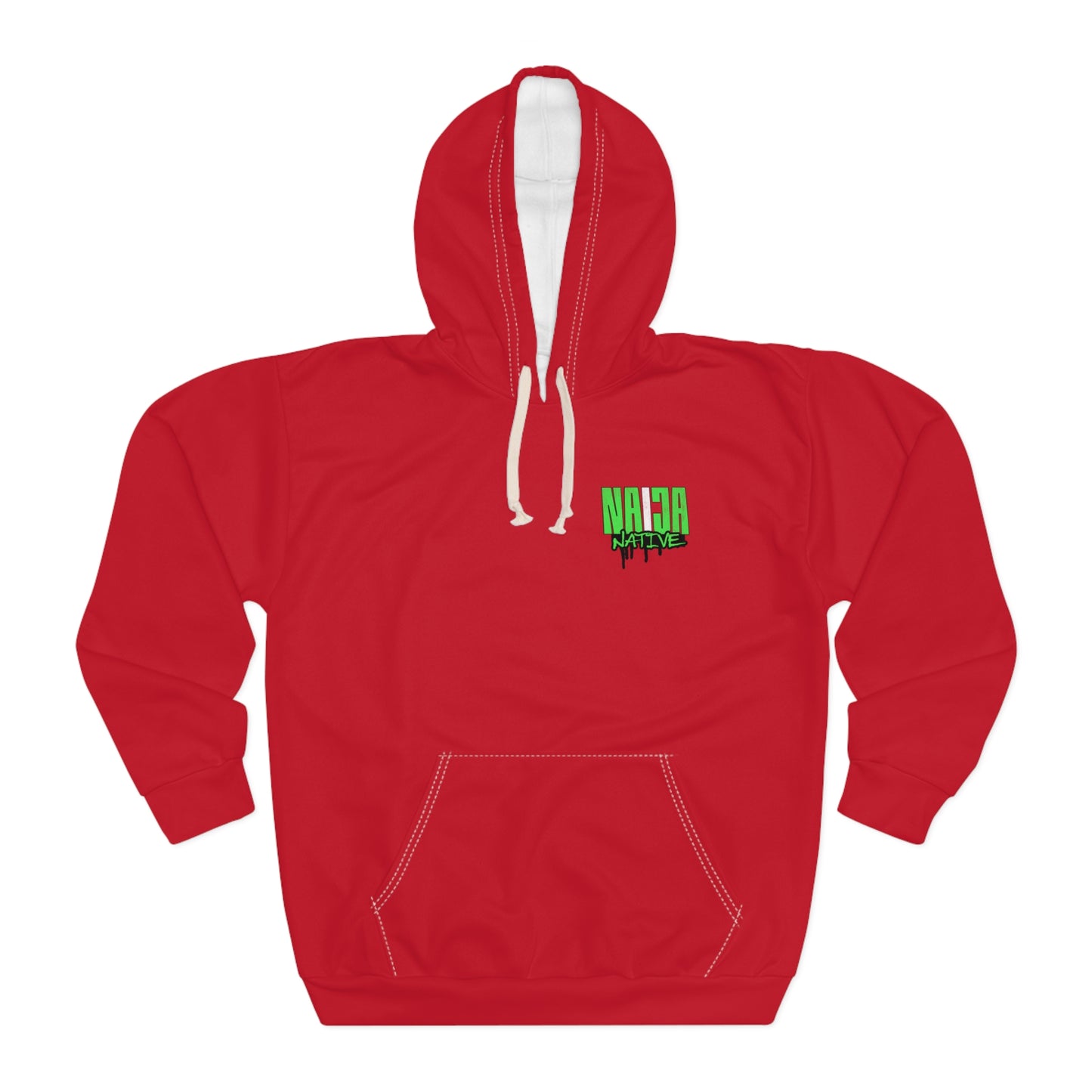 Native Graphic Hoodie — Red Pullover with Neon Green "NATIVE" Back Design